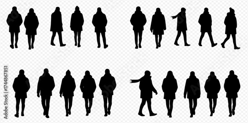 A collection of black silhouettes of people wearing winter coats, shown in various walking and standing poses.