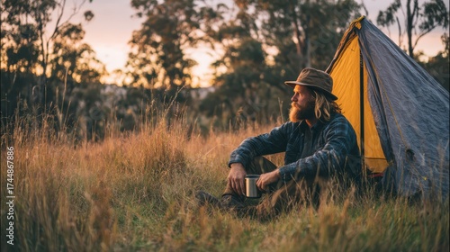 Relaxing in nature camping experience at sunset outdoor adventure scenic landscape peaceful environment personal reflection