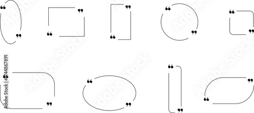 Black quote box icon set, collection, and group in flat line style, including speech bubble frame, quotation mark border comment outline, chat frame, dialogue shape, and message template vector design
