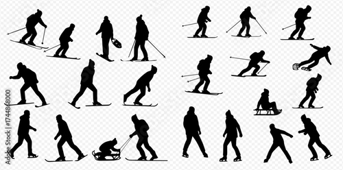 A collection of black silhouettes depicting people in various winter sports activities like skiing, sledding, and walking.