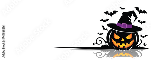 Black and Orange Halloween Pumpkin Icon with Flying Bats