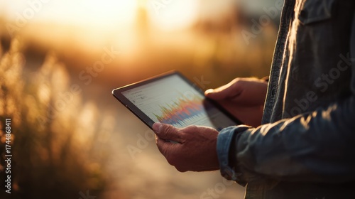 Analyzing business data trends using a tablet outdoor setting digital content golden hour informative perspective