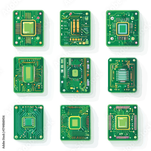 Circuit board node icon set on white background