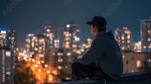 Contemplative evening reflection urban rooftop photography cityscape side view loneliness in the night