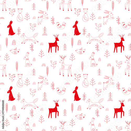 Vector pattern in Scandinavian style.Forest animals In red. For textile wrapping paper