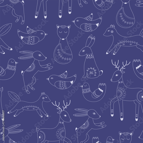 Vector pattern in Scandinavian style.Forest animals In blue. For textile wrapping paper