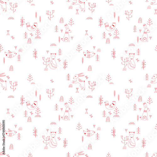 Vector pattern in Scandinavian style. Forest animals In red. For textile wrapping paper