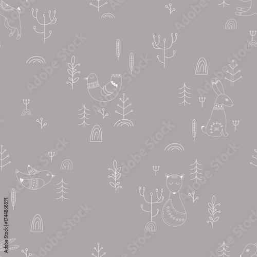 Vector pattern in Scandinavian style.Forest animals In gray. For textile wrapping paper