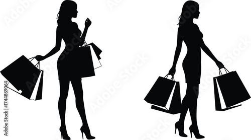 Stylish women shopping silhouette vector illustration, fashionable girls carrying bags, modern retail lifestyle concept design for poster, sale, logo, or advertisement use