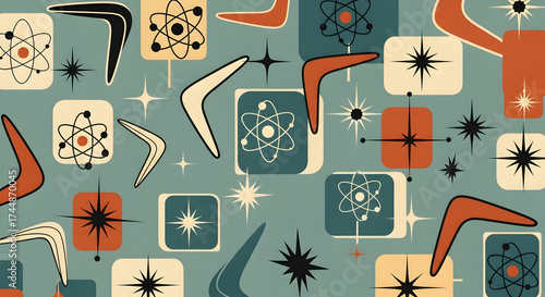 Mid-Century Modern Atomic Starburst & Boomerang Pattern - Retro 1950s Wallpaper & Fabric Design