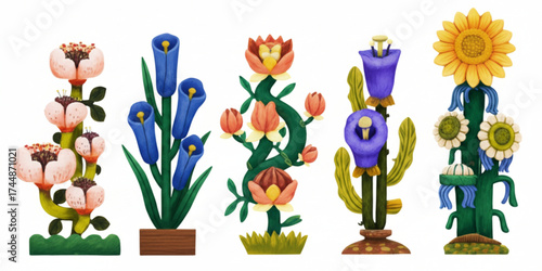 Fantasy flowers set. Whimsical quirky fancy blossoms, fairy dreamy blooms. Creative garden floral plants in fairytale fantastic style. Kids flat vector illustration isolated on white background