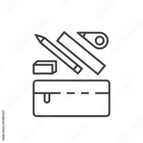 Vector icon of a pencil case with stationery items: a pencil, ruler, correction tape, and eraser. Line style. Editable stroke. School supplies, study tools, education, or office essentials
