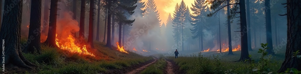 Obraz premium Dramatic Controlled Forest Burn Smoke and Flames Rise Amidst Towering Trees, a Safe and Effective Ecosystem Management Practice