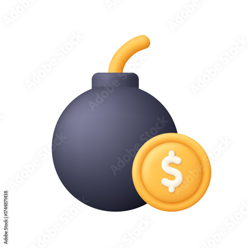 Black bomb with golden dollar coin. Banking, risk management, financial crisis, economic risk, money danger and market collapse concept. 3d vector icon. Cartoon minimal style.