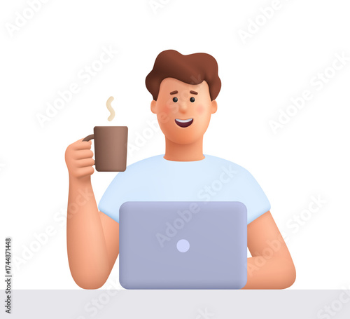 Young smiling man James working on laptop and holding cup of coffee. Remote work, freelance, online education and social media concept. 3d vector people character. Cartoon minimal style.