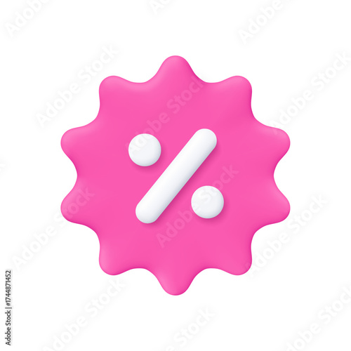 Pink price tag badge, discount coupon with white percent symbol. Online shopping, ecommerce, marketing, discount offer, promotion and sale concept. 3d vector icon. Cartoon minimal style.