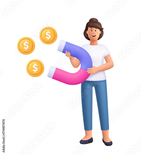 Young smiling woman Jane holding large horseshoe magnet attracting golden coins. Income, money magnet, profit and financial success concept. 3d vector people character. Cartoon minimal style.