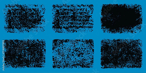 Linocut stamp texture collection. Grunge urban backgrounds set. Rough black ink roller textures. Hand drawn black paint stamp on bright blue bg. Street art distress overlay. Lino ink grungy remains.
