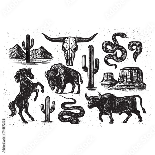 Linocut western boho set vector silhouette