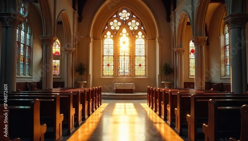Sunlit Sanctuary Serene Interior of a Traditional Church, Sunlight Streaming Through Stained Glass Windows Illuminating Prayer Area