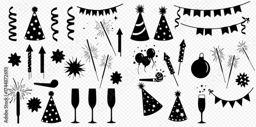 A collection of black silhouette icons for New Year's Eve, birthdays, and other celebrations.