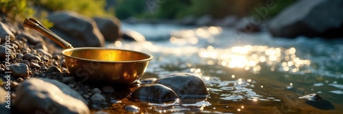 Lone Gold Pan by Rushing River Awaiting the Next Gold Rush Adventure. Sunlit rocks glisten, promising riches and the thrill of discovery in this idyllic yet rugged landscape.