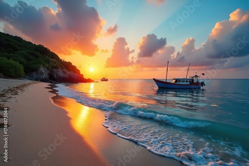 Serene Sunrise over Pristine Fishing Beach Calm Waves, Gentle Boats, Coastal Escape