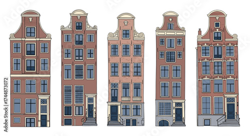 Collection of charming dutch canal houses with ornate facades.