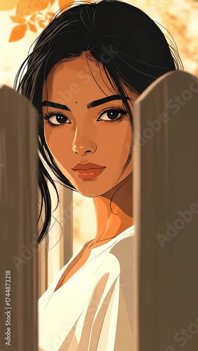 Mysterious Gaze - A Young Womans Enigmatic Look Through a Wooden Fence.