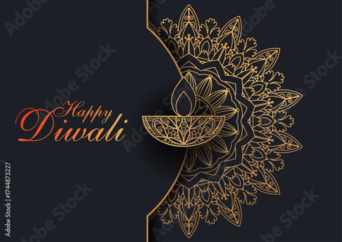 Happy Diwali Festival Background with Exquisite Golden Mandala Lantern Design, Luxury Decorative Pattern, Elegant Indian Celebration Card and Festive Home Decor Artwork