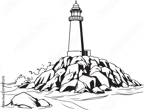 Strong Black Line Art of Lighthouse on Rocky Shore with Ocean Waves and Birds