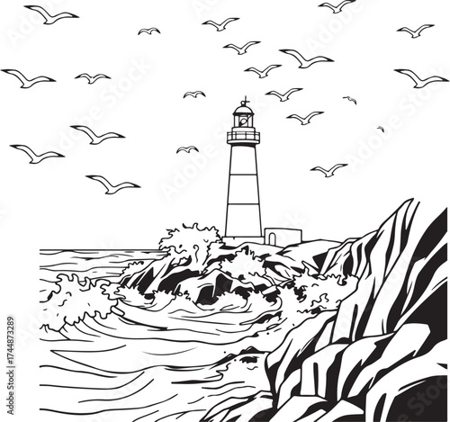 Bold Continuous Line Drawing of Lighthouse by the Sea with Flying Birds