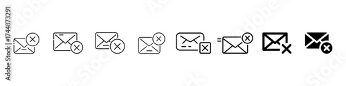 Email Cancel and Bounce Line Icons Vector Set – Rejected Mail, Error, Blocked, Unsubscribe, Email and message cancel icon set - flat outline envelope symbols for delete mail, unsubscribe, spam removal