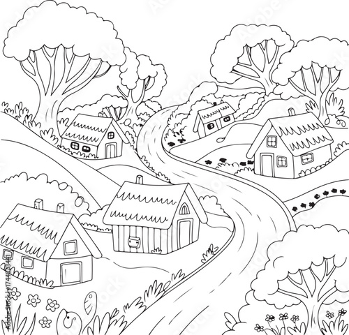 Thick Black Outline Drawing of Village with Trees, Hut, and River
