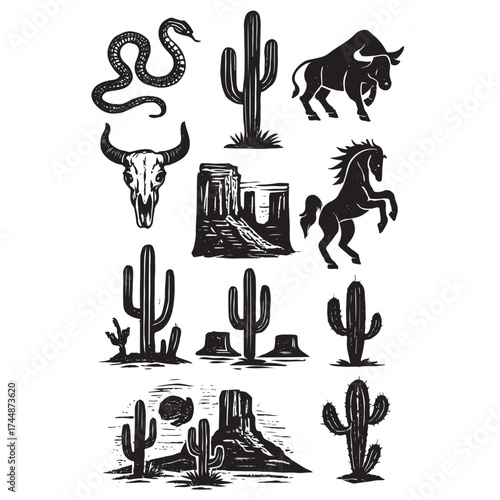 Linocut western boho set vector silhouette