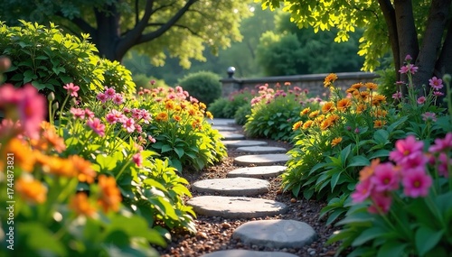 Winding Garden Path with Colorful Flowers and Stepping Stones Leading to Tranquil Destination - Perfect for Landscaping, Gardening, and Home Decor Inspiration