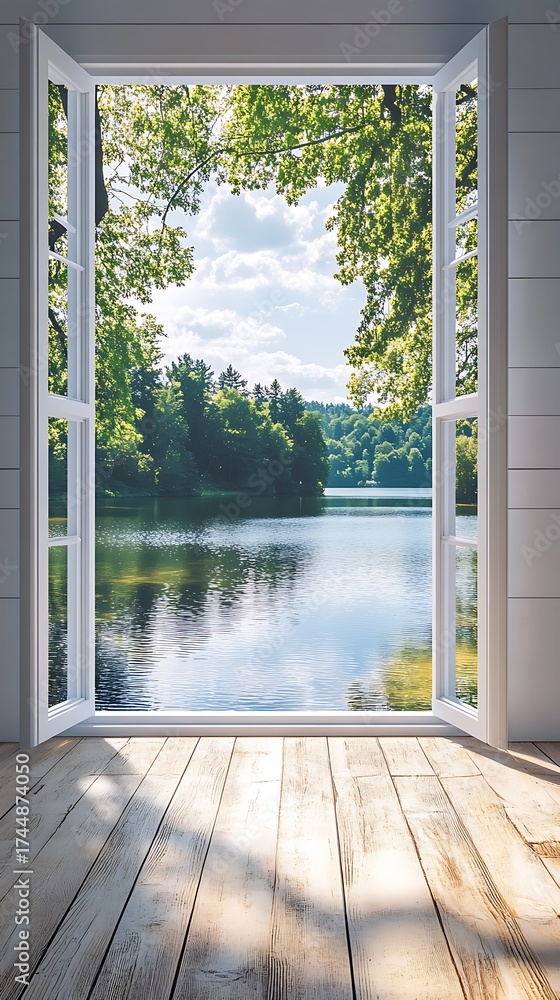 Obraz premium Open window with scenic view of lake reflecting sky and surrounding lush trees