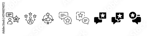 Reviews and Ratings Line Icons, Customer feedback and review icon set — flat outline vector symbols of comments, rating stars, testimonials, communication chat bubbles, social interaction concept
