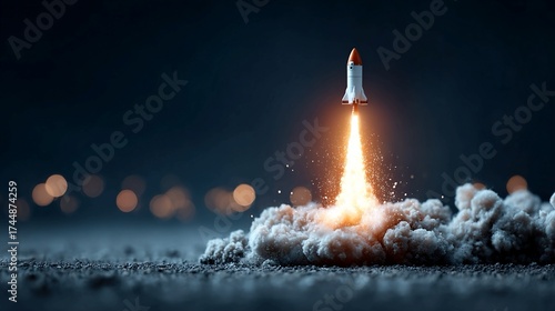 Dynamic rocket launch ignites the night sky with powerful fiery exhaust, symbolizing new beginnings and ambitious ventures into the unknown.