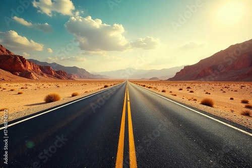 Sun-baked Desert Highway Endless Asphalt Ribbon Cutting Through Desolate Landscape Under Vast Cloudless Sky, Evoking Solitude and the Heat of a Long Journey