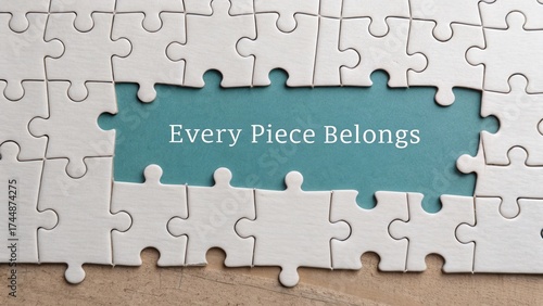 Puzzle pieces with a missing part, blue background, text 