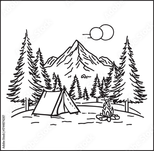 Bold Outline Vector of Mountain Campsite with Tent, Campfire, Trees, and Moon