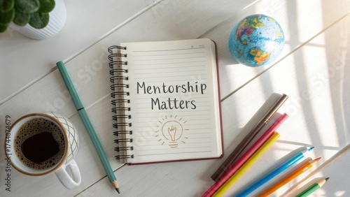 Inspirational Mentorship Matters Notebook with Coffee, Colorful Pens, Globe and Plant on Rustic White Wooden Table