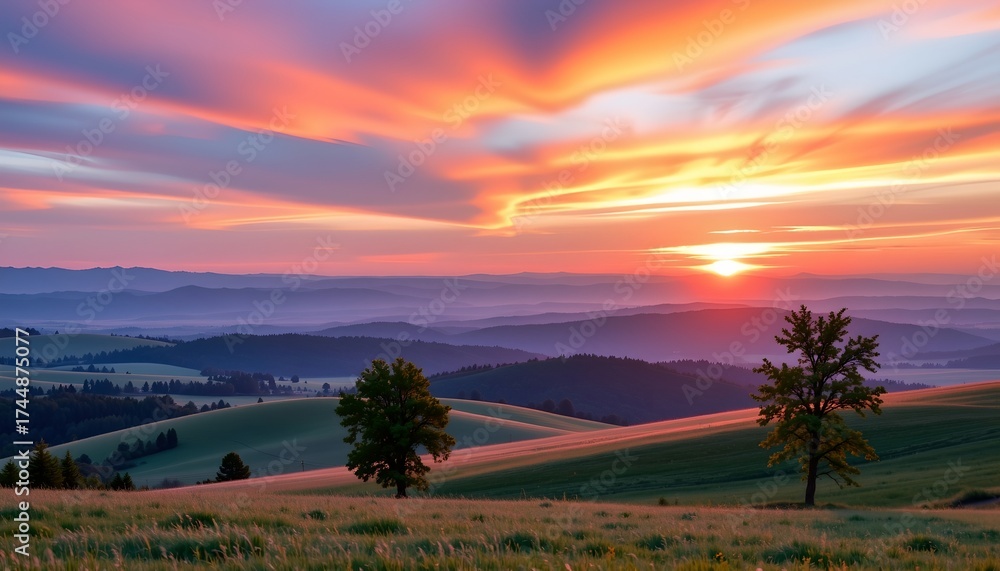 Fototapeta premium Serene Dawn Landscape with Rolling Hills and Pastel Sky