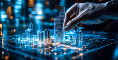 An architect brings architectural designs to life with 3D holographic construction models. The concept of innovation in architecture and futuristic design. Generative Ai.