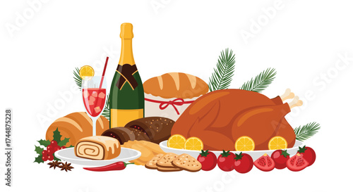 A festive holiday feast featuring a roasted turkey and sparkling champagne.