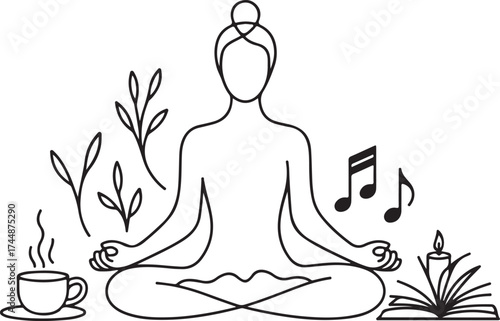 Black Outline Vector Set Featuring Calm Relaxation Scenes and Objects