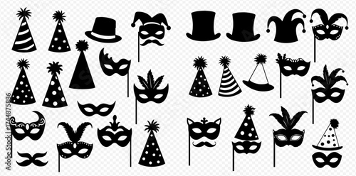 A diverse collection of black silhouette party props, featuring various masquerade masks, party hats, top hats, and jester hats on a transparent background.