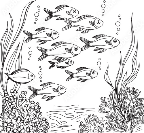 Elegant Line Art Vector Set of Underwater Scene with Bubbles and Ocean Details