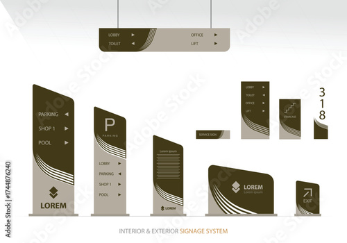Wayfinding system signage mockup set Direction signs Exterior and interior way finding design.